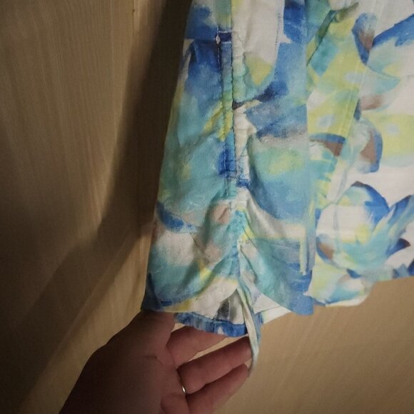 JM Collection Womens Linen Blue Green Watercolor Button Down 4P - Picture 4 of 6